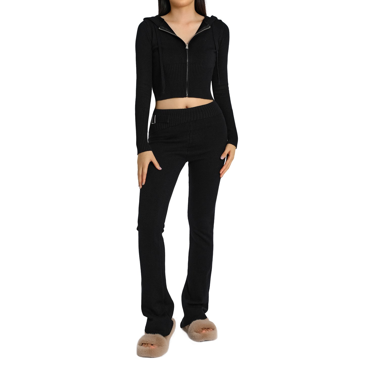 New knitted hooded suit for women, fashionable and sexy high waisted long sleeves and trousers two-piece set