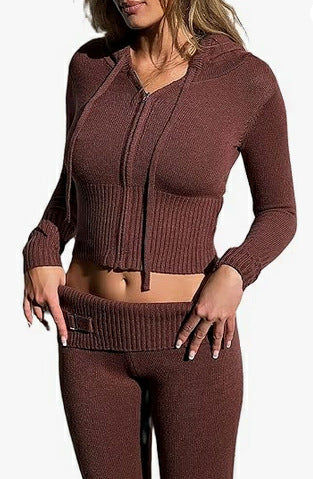 New knitted hooded suit for women, fashionable and sexy high waisted long sleeves and trousers two-piece set